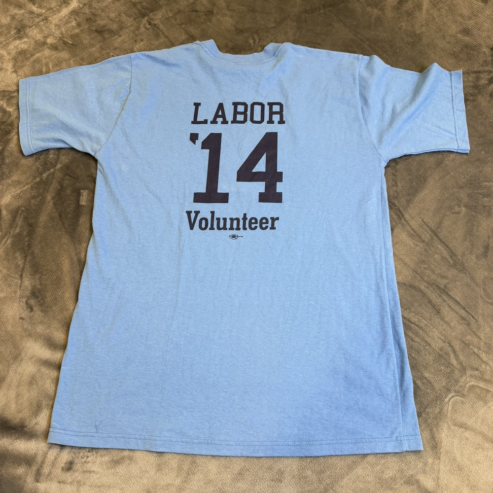 VTG Union Line Massachusetts AFL-CIO Labor Shirt Sz L blue USA Made UFCW Stains
